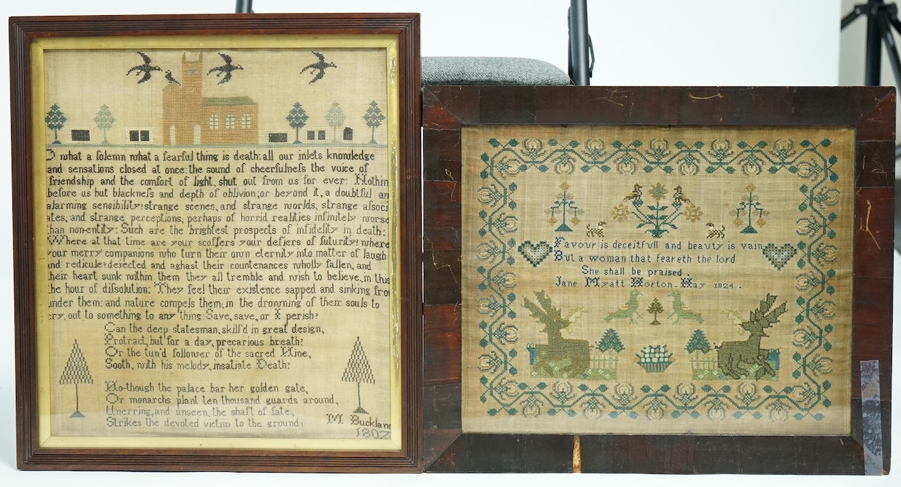 Two early 19th century framed samplers. One dated 1807 by M Buckland, worked with a church, blackbirds and trees and large verse, the other dated 1824 by Jane Myatt Horton worked with a wide border, with spot motifs of d
